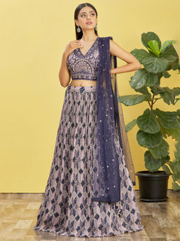 Odette - Purple Chinon Embellished Semi Stitched Lehenga with Unstitched Blouse & Dupatta (Set of 3)