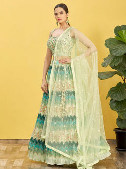 Odette - Green Chinon Embellished Semi Stitched Lehenga with Unstitched Blouse & Dupatta (Set of 3)