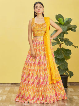 Odette - Yellow Chinon Embellished Semi Stitched Lehenga with Unstitched Blouse & Dupatta (Set of 3)