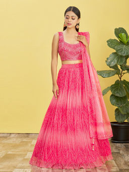 Odette - Pink Organza Embellished Semi Stitched Lehenga with Unstitched Blouse & Dupatta (Set of 3)