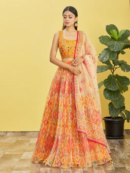 Odette - Yellow Organza Embellished Semi Stitched Lehenga with Unstitched Blouse & Dupatta (Set of 3)