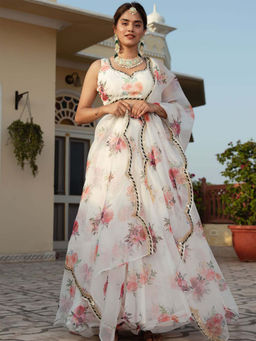 Odette - White Organza Floral Semi Stitched Lehenga with Unstitched Blouse & Dupatta (Set of 3)