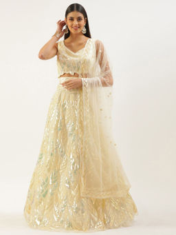 Odette - Cream Soft Net Embellished Semi Stitched Lehenga with Unstitched Blouse & Dupatta (Set of 3)