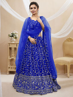 Odette - Blue Georgette Embellished Semi Stitched Lehenga with Unstitched Blouse & Dupatta (Set of 3)