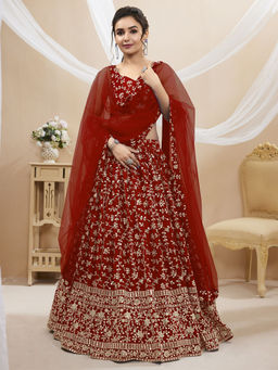 Odette - Red Embellished Semi Stitched Lehenga with Unstitched Blouse & Dupatta (Set of 3)