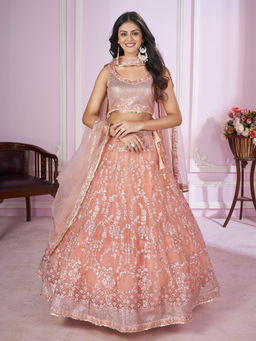Odette - Peach Soft Net Embellished Semi Stitched Lehenga with Unstitched Blouse & Dupatta (Set of 3)