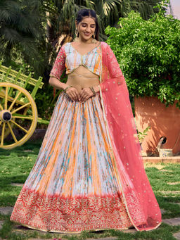Odette - Pink Chinon Embellished Semi Stitched Lehenga with Unstitched Blouse & Dupatta (Set of 3)