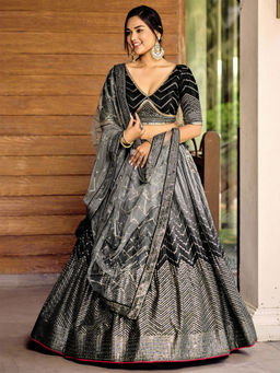 Odette - Black Chinon Embellished Semi Stitched Lehenga with Unstitched Blouse & Dupatta (Set of 3)
