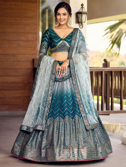 Odette - Blue Chinon Embellished Semi Stitched Lehenga with Unstitched Blouse & Dupatta (Set of 3)