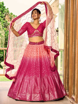 Odette - Pink Chinon Embellished Semi Stitched Lehenga with Unstitched Blouse & Dupatta (Set of 3)