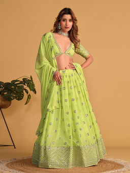 Odette - Green Georgette Embellished Semi Stitched Lehenga with Unstitched Blouse & Dupatta (Set of 3)