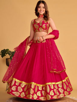 Odette - Pink Georgette Embellished Semi Stitched Lehenga with Unstitched Blouse & Dupatta (Set of 3)