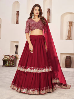 Odette - Red Georgette Embellished Semi Stitched Lehenga with Unstitched Blouse & Dupatta (Set of 3)