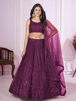 Odette - Purple Soft Net Embellished Semi Stitched Lehenga with Unstitched Blouse & Dupatta (Set of 3)