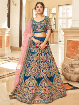 Odette - Blue Velvet Embroidered Semi Stitched Lehenga with Unstitched Blouse & Dupatta (Set of 3)