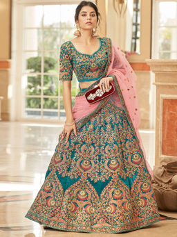 Odette - Teal Velvet Embroidered Semi Stitched Lehenga with Unstitched Blouse & Dupatta (Set of 3)
