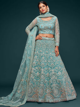 Odette - Blue Embellished Semi Stitched Lehenga with Unstitched Blouse & Dupatta (Set of 3)