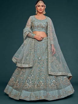 Odette - Blue Embellished Semi Stitched Lehenga with Unstitched Blouse & Dupatta (Set of 3)