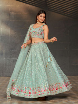 Odette - Blue Georgette Embroidered Semi Stitched Lehenga with Unstitched Blouse & Dupatta (Set of 3)