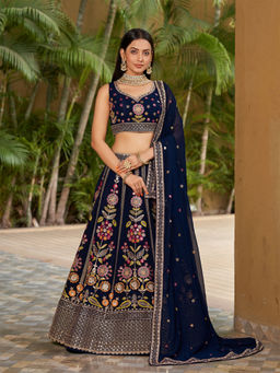 Odette - Navy Blue Embroidered Semi Stitched Lehenga with Unstitched Blouse & Dupatta (Set of 3)