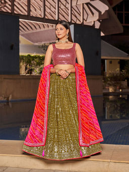 Odette - Olive Embellished Semi Stitched Lehenga with Unstitched Blouse & Dupatta (Set of 3)