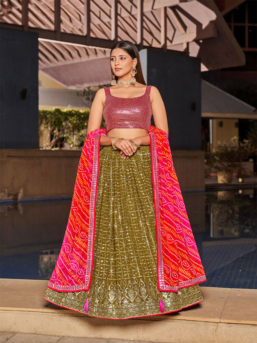 Odette Olive Embellished Semi Stitched Lehenga with Unstitched Blouse & Dupatta (Set of 3)