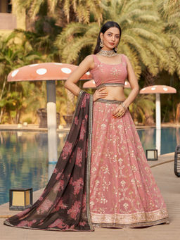 Odette - Pink Georgette Embroidered Semi Stitched Lehenga with Unstitched Blouse & Dupatta (Set of 3)