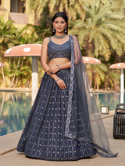 Odette - Navy Blue Embellished Semi Stitched Lehenga with Unstitched Blouse & Dupatta (Set of 3)