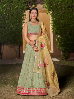 Odette - Green Georgette Embellished Semi Stitched Lehenga with Unstitched Blouse & Dupatta (Set of 3)