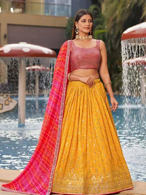 Odette Yellow Embellished Semi Stitched Lehenga with Unstitched Blouse & Dupatta (Set of 3)