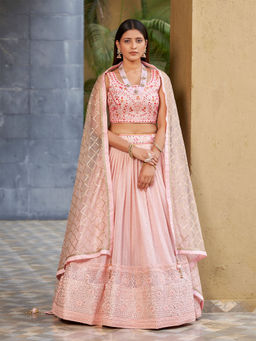 Odette - Pink Art Silk Embellished Semi Stitched Lehenga with Unstitched Blouse & Dupatta (Set of 3)