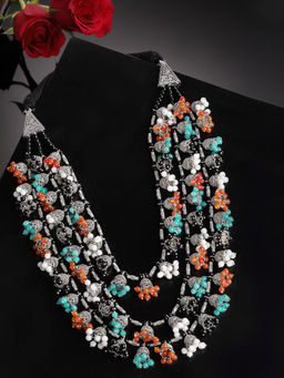 PANASH - Oxidized Silver-Toned Multi-Color Beaded Handcrafted Layered Necklace