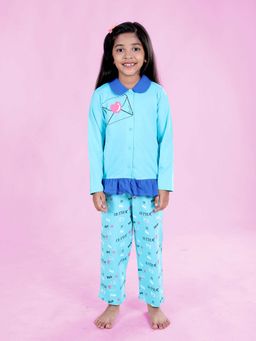 KiddoPanti - Girls Cotton Printed Collar Shirt and Pant Night Suit (Set of 2)