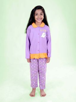 KiddoPanti - Girls Cotton Monster Printed Collar Shirt and Pant Night Suit (Set of 2)