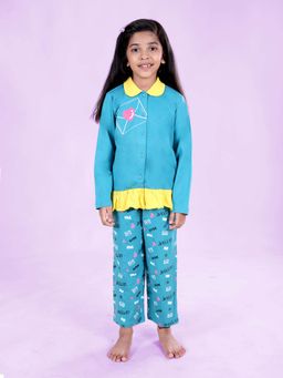 KiddoPanti - Girls Cotton Printed Collar Shirt and Pant Night Suit (Set of 2)