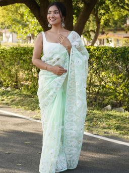 Odette - Green Embroidered Organza Silk Saree with Unstitched Blouse
