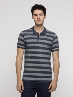Crocodile - Grey Melange Birdseye Striped Polo T-Shirt
