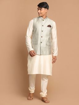Vastramay - Mens Beige and Cream Viscose Jacket - Kurta and Pyjama (Set of 3)