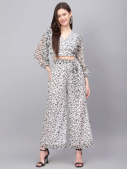 ANVI Be Yourself - White Animal Print Ruffled Puff Sleeves Chiffon Top Palazzo (Set of 2)