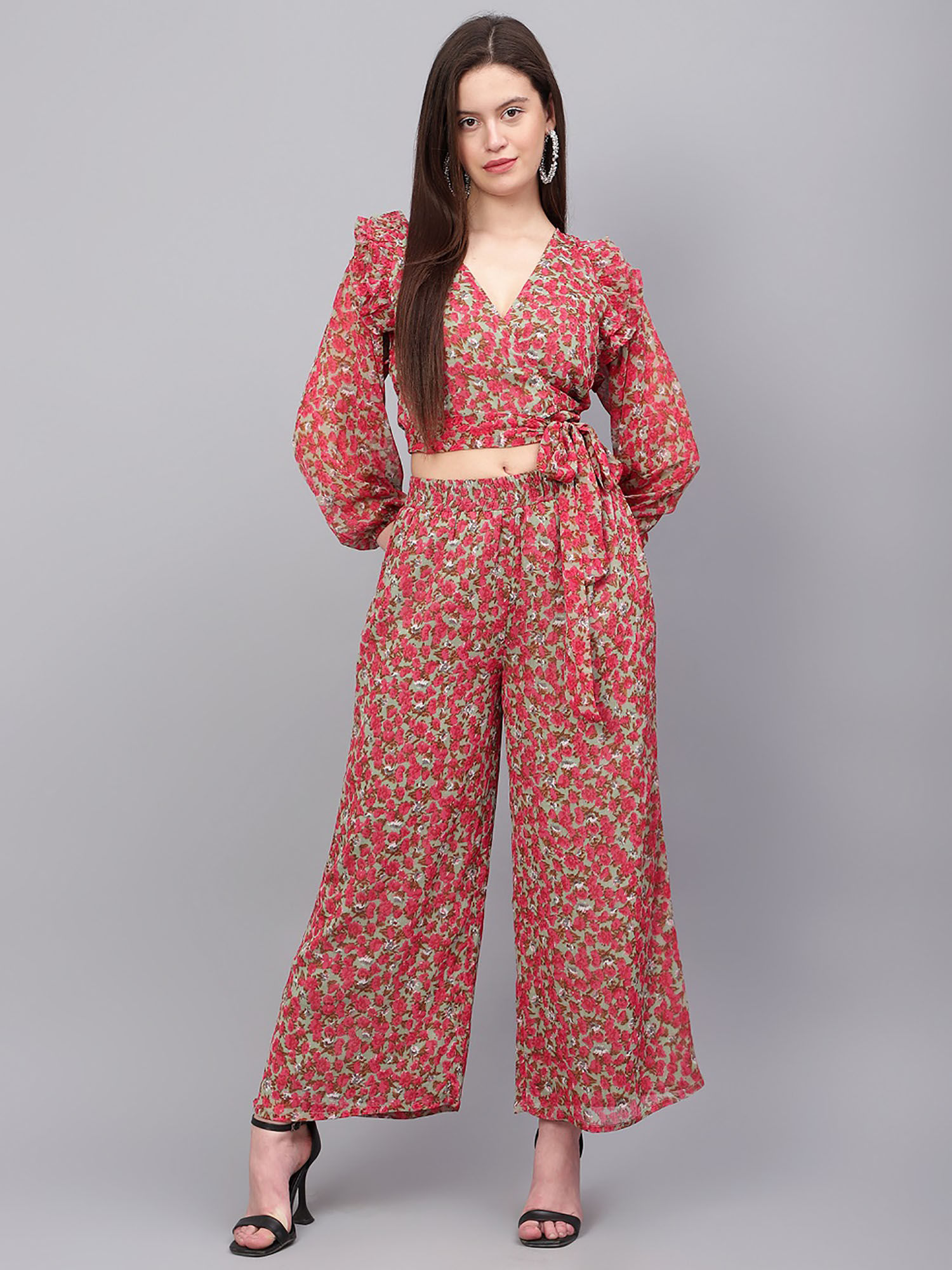 Pink Floral Print Ruffled Puff Sleeves Chiffon Top with Palazzo (Set of 2)-picture-21