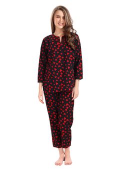PIU - Womens Heart Print Kurta Style Nightsuit Black (Set of 2)