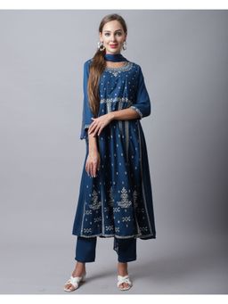 Rajnandini - Rayon Slub Jaipuri Printed A-line Anarkali Kurta With Dupatta - Blue (Set of 3)