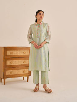 Alaya by Stage3 - Green Lurex Stripes Embroidered Kurta and Pant (Set of 2)