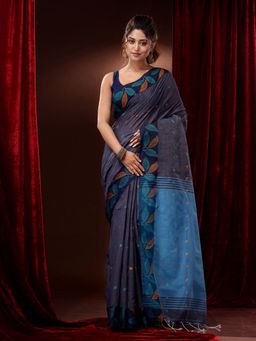 CHARUKRITI - Blueish Grey Cotton Handspun Foliage Designs Saree with Unstitched Blouse