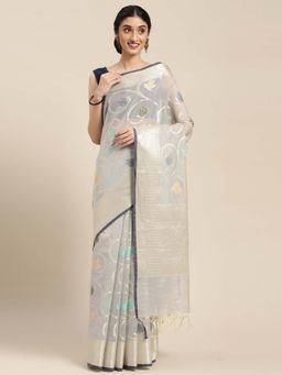 Banarasi Silk Works - Grey Masrise Cotton Tilfi Jaal Zari Border Saree with Unstitched Blouse