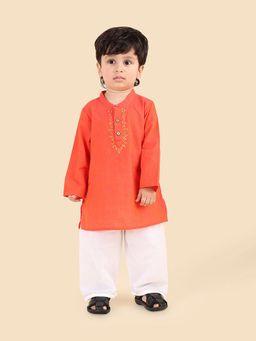 Fabindia - Orange Embroidered Kurta and Pyjama