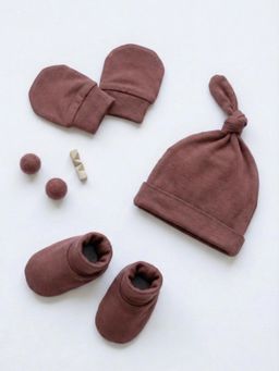 Cocoon Care - Brown Solid Cap and Pair of Mittens and Pair of Socks (0-3 Months)