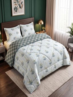 Threadwear - Green Floral 4 Pcs Comforter Set With Queen Size Bedsheet and 2 Pillow Covers