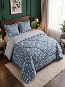 Threadwear - Grey Floral 4 Pcs Comforter Set With Queen Size Bedsheet and 2 Pillow Covers