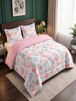 Threadwear - White Floral 4 Pcs Comforter Set With Queen Size Bedsheet and 2 Pillow Covers